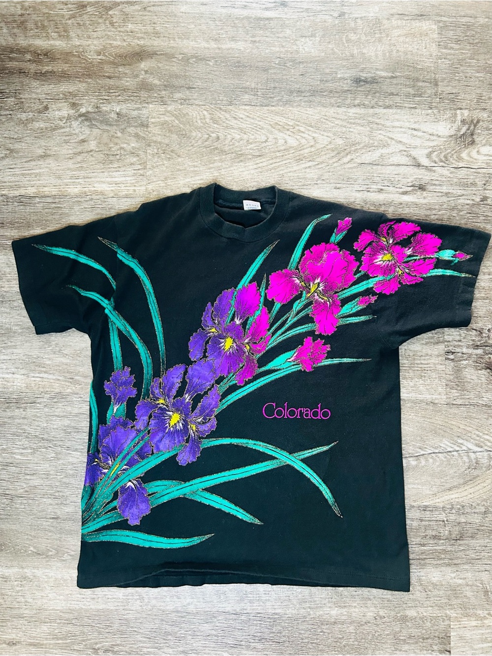 Fruit of the Loom Black Tee with Purple & Hot Pink Floral Graphic